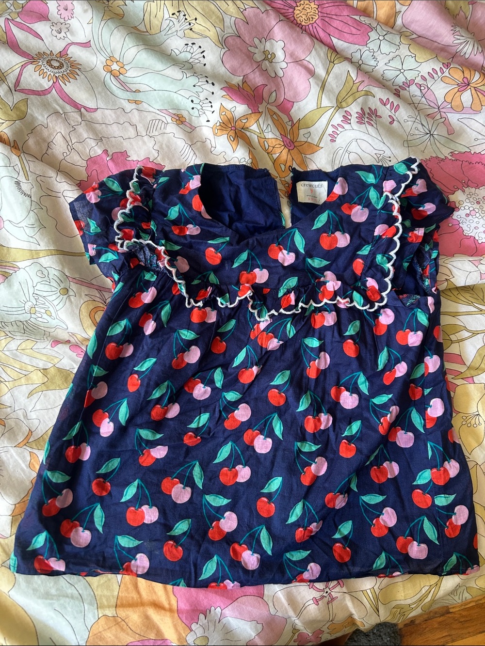 Crewcuts Navy Cherry Print Ruffle Top S 6/7